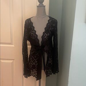 CAbi Black Lace Tie-Front Robe